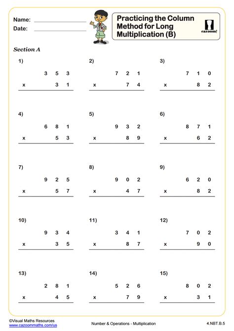 Practicing the Column Method for Long Multiplication (B) worksheet.